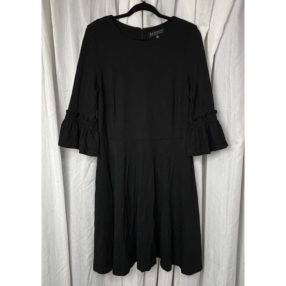 ELOQUII Midi Black Dress Womens 16 Zipper Ruffle Bell Sleeves Cotton Stretch EUC